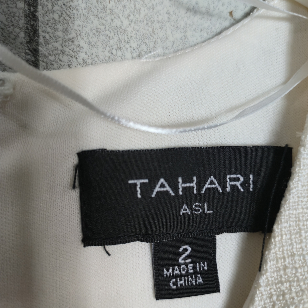 Tahari Vanilla Belted Textured Sheath Dress Off White Cream Fringe Short Sleeve - Picture 4 of 14